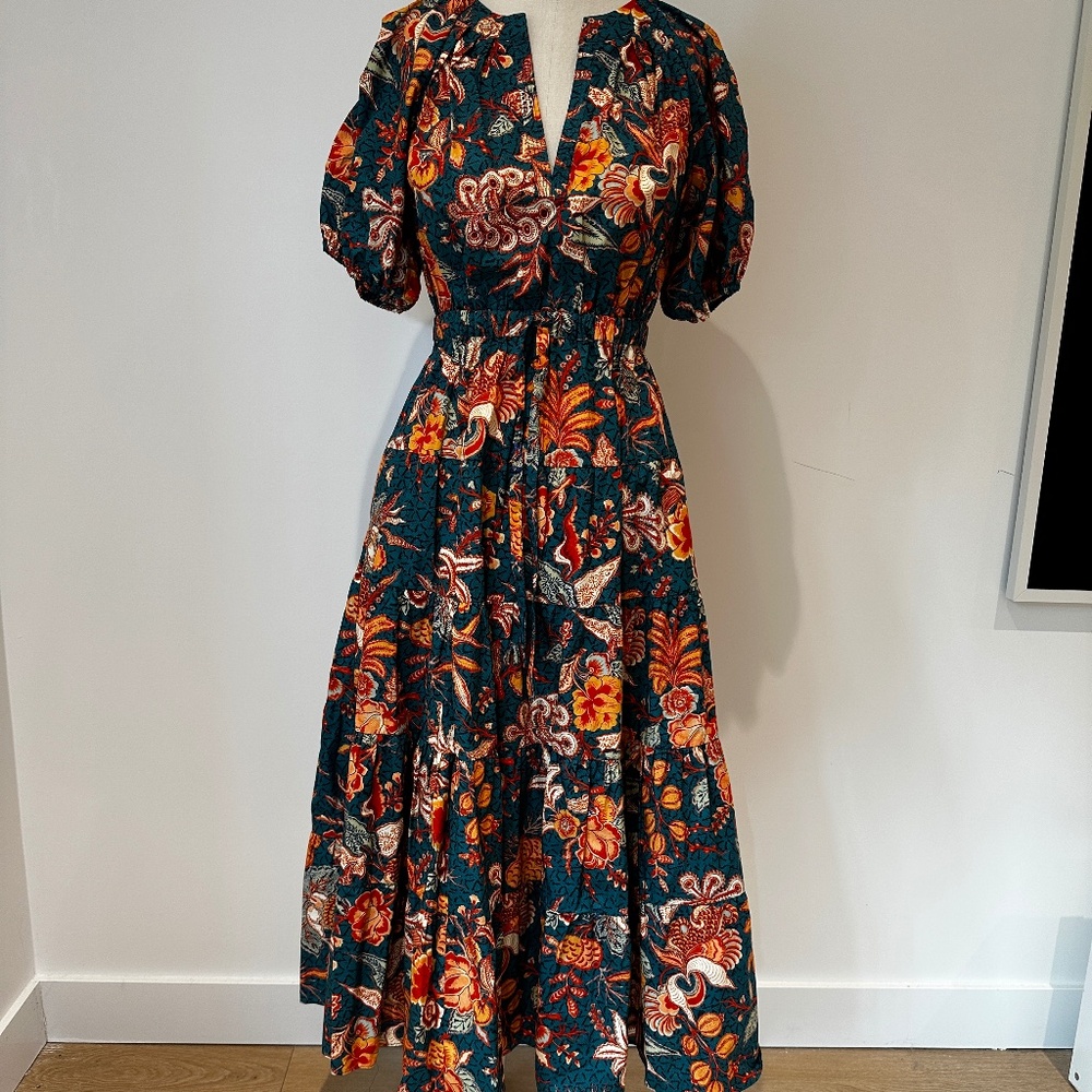 Ulla Johnson Floral Midi Dress – Teal Multicolor Boho Puff Sleeve Dress